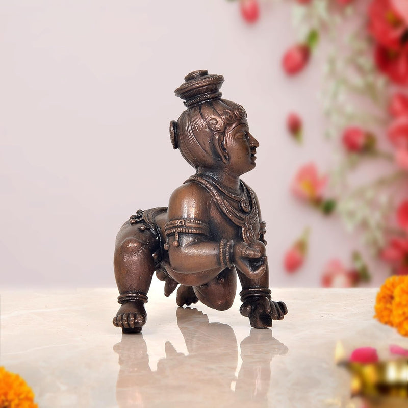 Copper Lord Bal Gopal Krishna Laddu Gopal Idol Statue | for Pooja Home Decor Mandir | (Height 4 Inch)