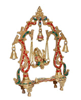 Brass Ganesha swing decorative idol on arched base with colored accents and bells