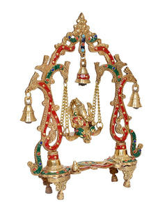Brass Ganesha swing decorative idol on arched base with colored accents and bells