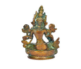 Brass Tara Devi statue, side view, bronze-gold and teal patina with raised arms