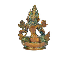 Brass Tara Devi statue, side view, bronze-gold and teal patina with raised arms