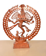 Orange brass Lord Shiva dancing idol, rear view showing multi-armed motif and arched ring