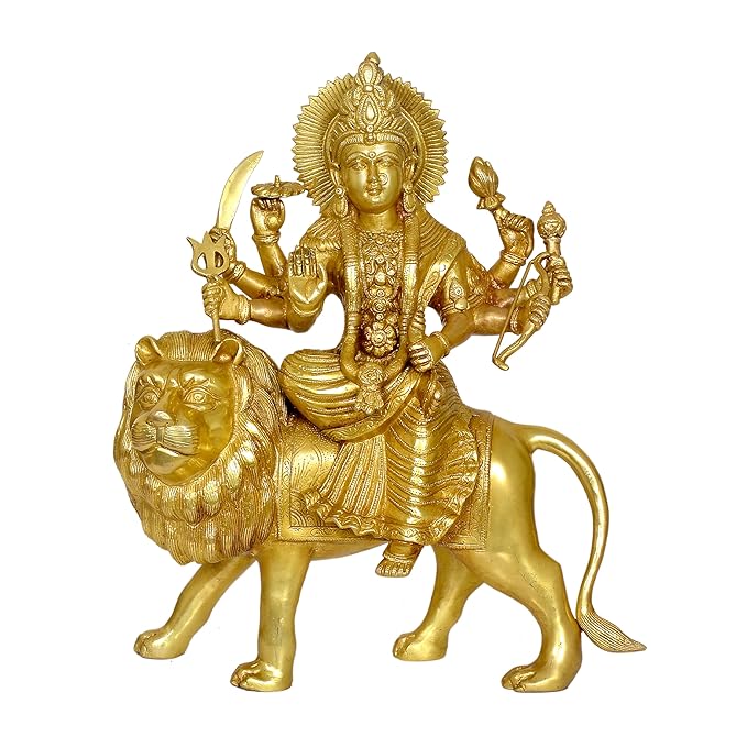 Brass Durga Statue On Lion for Home Decor | Height : 18 Inches