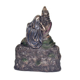 Back view Radha-Krishna resin statue on textured base, dark metallic finish