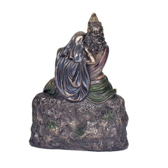 Back view Radha-Krishna resin statue on textured base, dark metallic finish