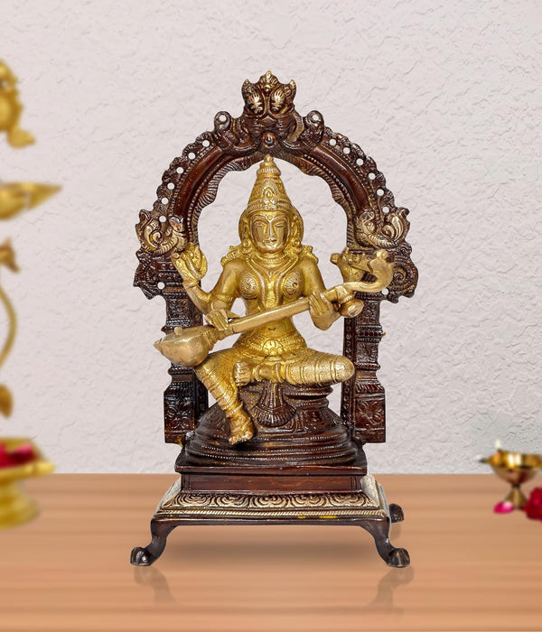 Brass Handcrafted Hindu Goddess Siting Saraswati Idol for Pooja Mandir (Height 8 Inch)