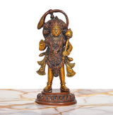 Brass Hanuman Ji statue front view, golden mace in hand, decorative attire