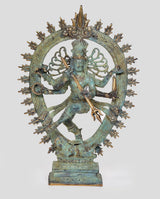 Bronze Shiva Nataraj figure, dancing stance with many arms, round halo, blue-green patina finish