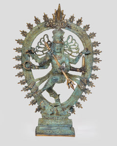 Bronze Shiva Nataraj figure, dancing stance with many arms, round halo, blue-green patina finish