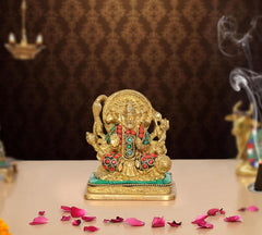 4-inch brass Panchmukhi Hanuman idol, colorful gemstone-style detailing