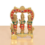 Front view of brass Ram Darbar idol: three painted deity figures on raised base