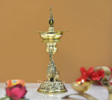 Brass elephant & peacock oil lamp diya base with engraved floral pattern