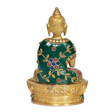 Back view brass Buddha statue with detailed green robe, floral jeweled inlays, lotus base.