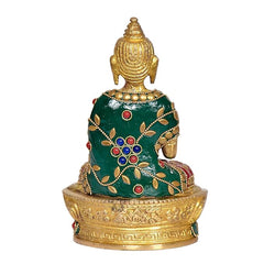 Back view brass Buddha statue with detailed green robe, floral jeweled inlays, lotus base.