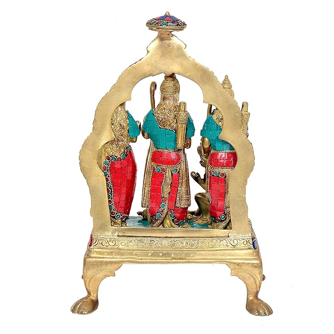 Brass Lord Ram Darbar Religious Indian Art Statue Idol Multicolour with Eye Work Height 13 Inch