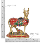 Brass Kamdhenu cow with calf statue with size guide: 8.5 inch height, 7 inch width