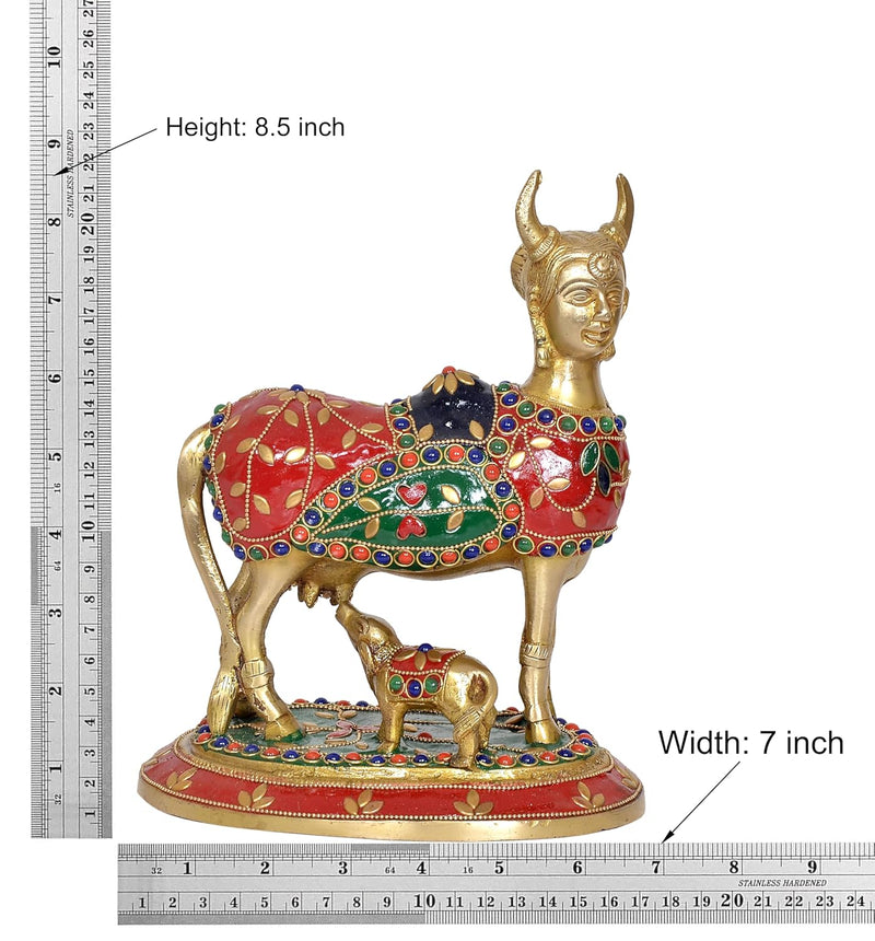 Brass Kamdhenu Cow with Calf for Home Decor Pooja Mandir Temple Office Decorative Showpiece Statue (Height: 8.5 Inch)