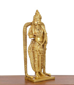 Brass Murugan standing deity statue with arch support and spear, angled rear side