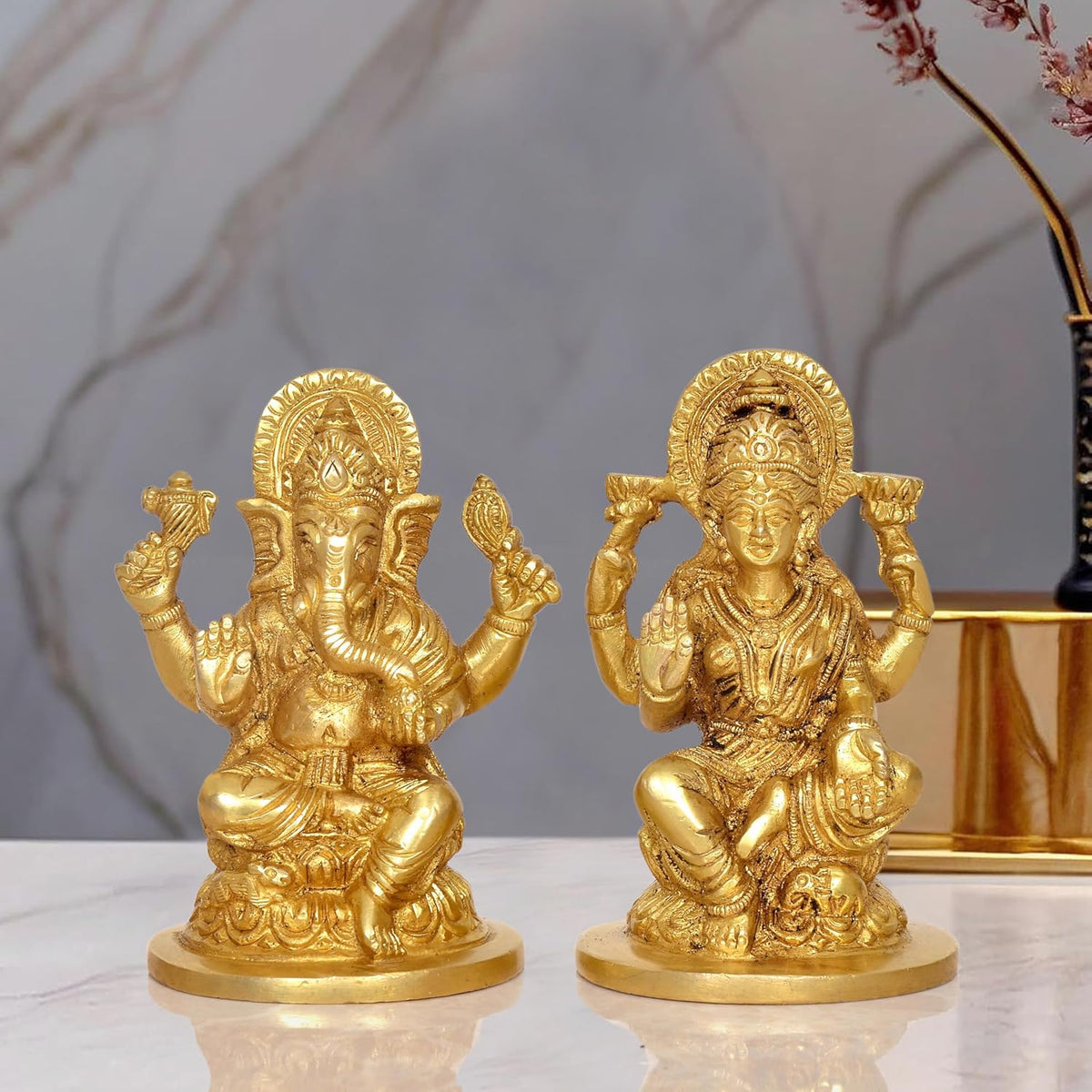 God Ganesha Lakshmi brass idol statue pair, seated on lotus, golden finish