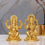 God Ganesha Lakshmi brass idol statue pair, seated on lotus, golden finish