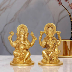 God Ganesha Lakshmi brass idol statue pair, seated on lotus, golden finish