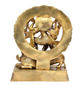 Brass Durga idol base view, circular halo and pedestal with engraved details