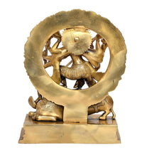 Brass Durga idol base view, circular halo and pedestal with engraved details