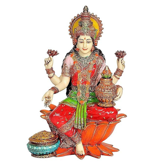 Polyrein Lakshmi Statue Idol On Lotus for Home Decor for Diwali | Height : 7 Inches (Orange)