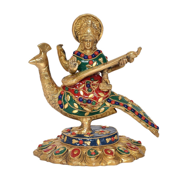 Brass Goddess Saraswati Sitting On Swan Devi of Study Maa Saraswati for Home Decor Mandir pooja (Height: 7 Inch)