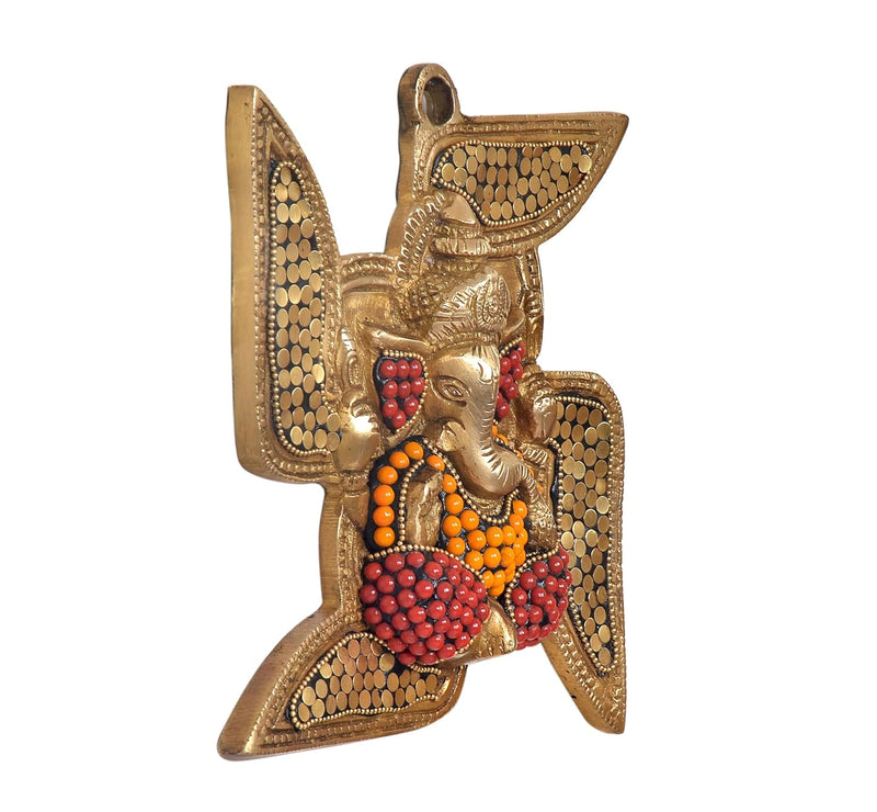 Brass Ganesha Swastik Wall Hanging Wall Decorative Showpiece Swastik with Ganesha Multicolour (Height 7 Inch)