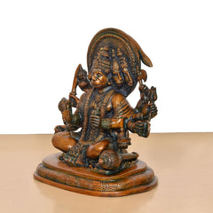 Brass Panchmukhi Hanuman idol side view, seated pose with multi-armed attendants