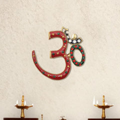 OM wall hanging sculpture, multicolor enamel with jeweled dots on brass tone