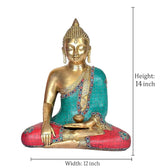 Buddha statue size 14 in H, 12 in W; teal robe, red mosaic base