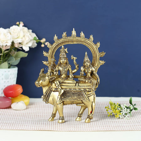 Brass God Shiva Parvati Idol Sitting On Nandi Statue (Height: 7.5 Inch)