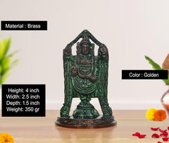 Brass Tirupati Balaji idol with raised crown, 4 inch tall, green patina finish