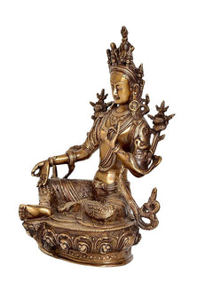 Tara Buddha Figur im Sitz, goldenes Metall mit ausgebreiteten Handgesten