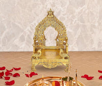 Brass Bhagwan Palki Chowki mandir, ornate arch on brass stand