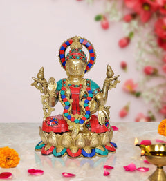 AONA gold-tone Lakshmi statue, seated with multicolor jeweled crown and four arms