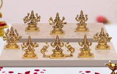 Ashta Lakshmi Statue Set (8) in gold-tone brass, multi-armed seated figures on bases