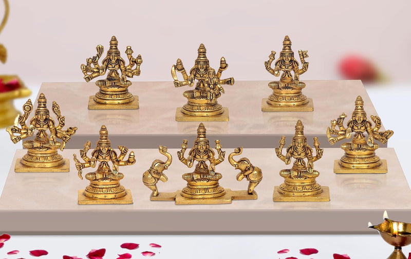 Brass Goddess Ashtalakshmi Statue Ashta Lakshmi (Set of 8) Asthalakshmi for Diwali Puja Mandir Temple Vastu Home Office Decor (Height 3.5 Inch)