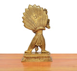 Brass Lord Narasimha idol, golden back view with ribbed fan headdress and pedestal