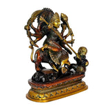 Brass Mahishasura Mardini side view with trident, crown details and raised weapons