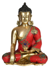 Lord Buddha meditating idol with brass hands, red mosaic robe and gold details