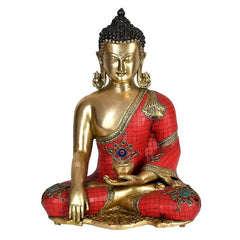Brass Lord Buddha idol in meditating pose, red mosaic robe, 16 in tall