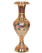 Brass flower vase planter with multicolor floral pattern, tall goblet shape