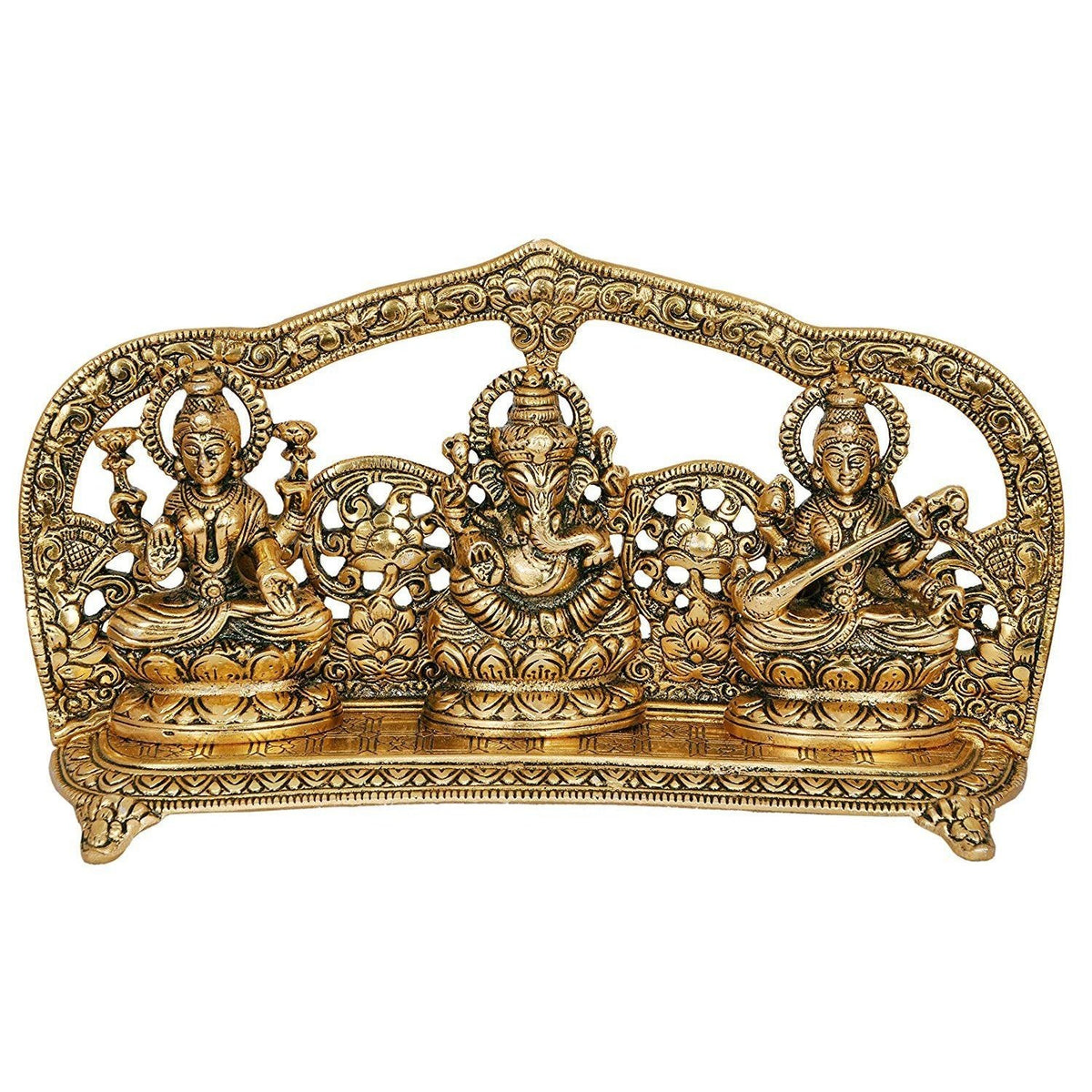 Metal Ganesha, Lakshmi & Saraswati sculpture, gold-tone, 5.5 in