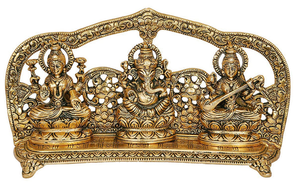 Metal Ganesha Lakshmi and Saraswati Idol Sculpture (Golden, Height 5.5 Inches Width 10.0 Inches)