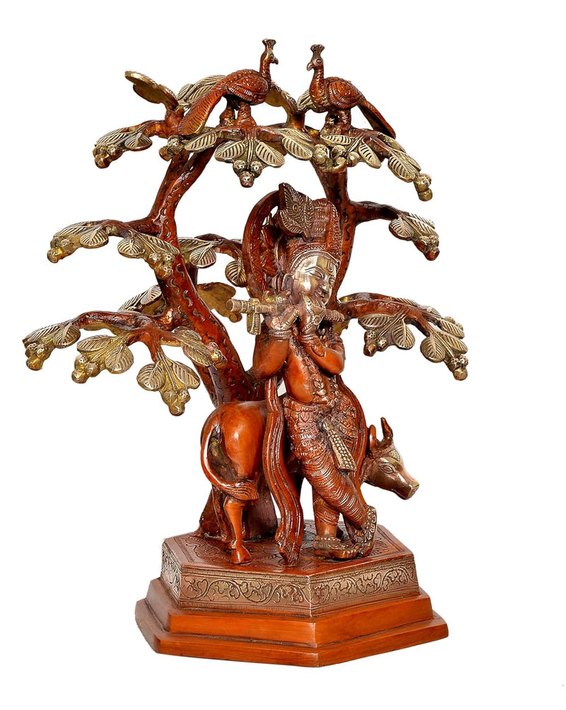 Brass Lord Cow Krishna with Tree Idol Figurine Sculpture Playing Flute Statue Decorative Showpiece, (Height 13 Inch)