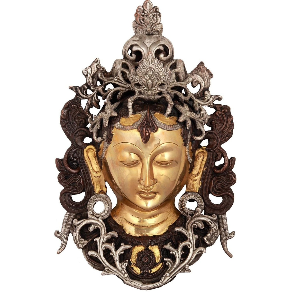Brass Tara Mask Wall Hanging (Silver Brown) (Height : 11 inch)