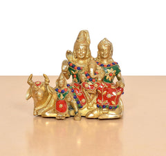 Brass Shiv family idol seated on nandi, colorful beadwork and ornaments